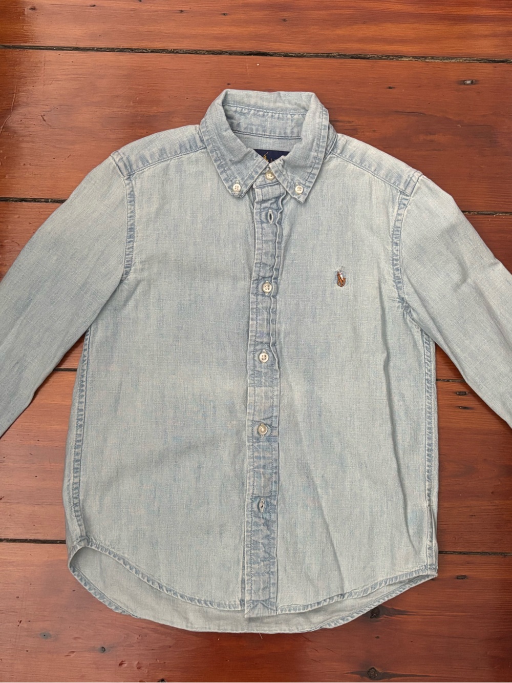 Ralph Lauren Light Blue Denim Button-Up Shirt with Brown Embroidered Polo